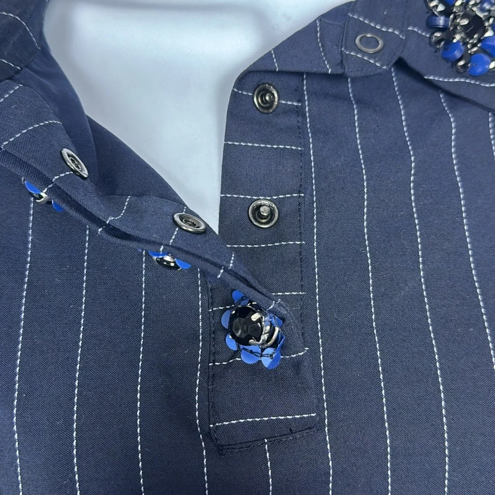 Banana Republic Pinstripe navy collared dress, rhinestone neckline pockets S - Picture 10 of 10